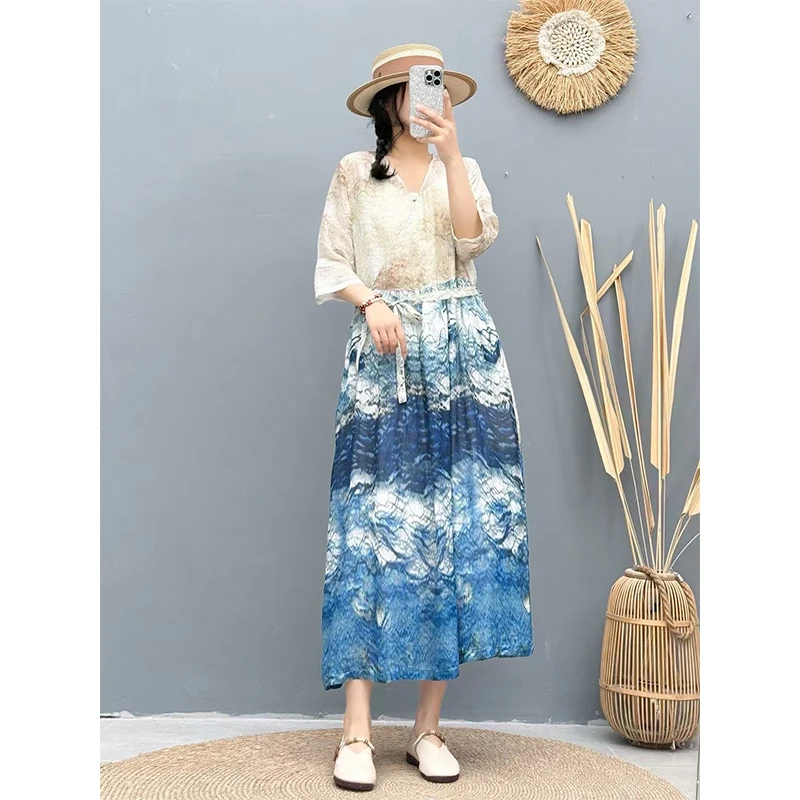 复古下摆双层苎麻内里包边V领印花连衣裙女