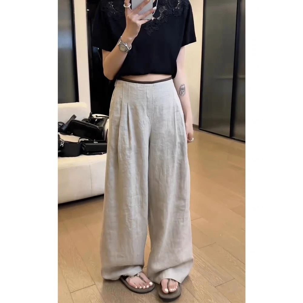 褶皱亚麻阔腿裤女2025潮款夏季薄款高腰宽松显瘦休闲拖地长裤子