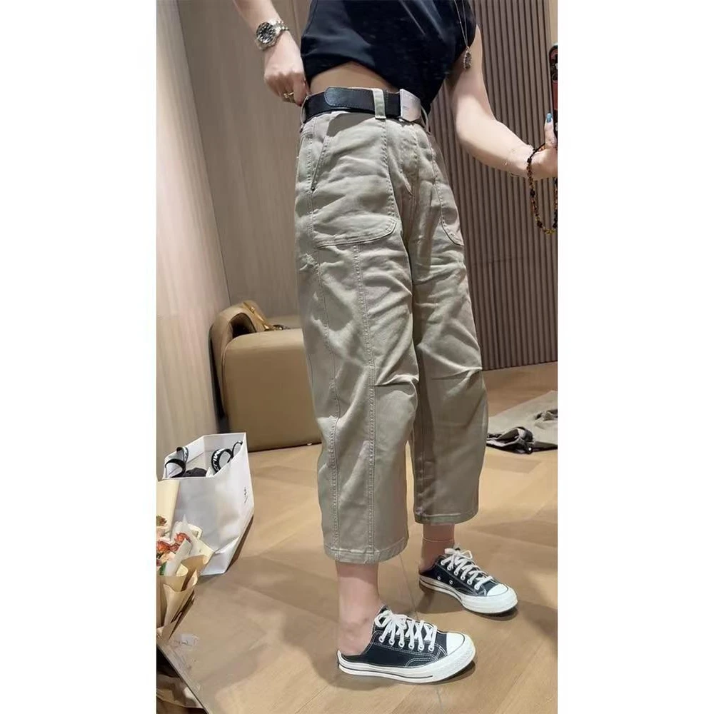 潮女秋日2025八分牛仔弯刀裤女宽松显瘦洋气哈伦裤大码工装老爹裤