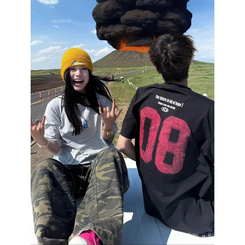 黑色08双色数字印花短袖男款夏季痞帅高级感小领口索罗娜凉感t恤