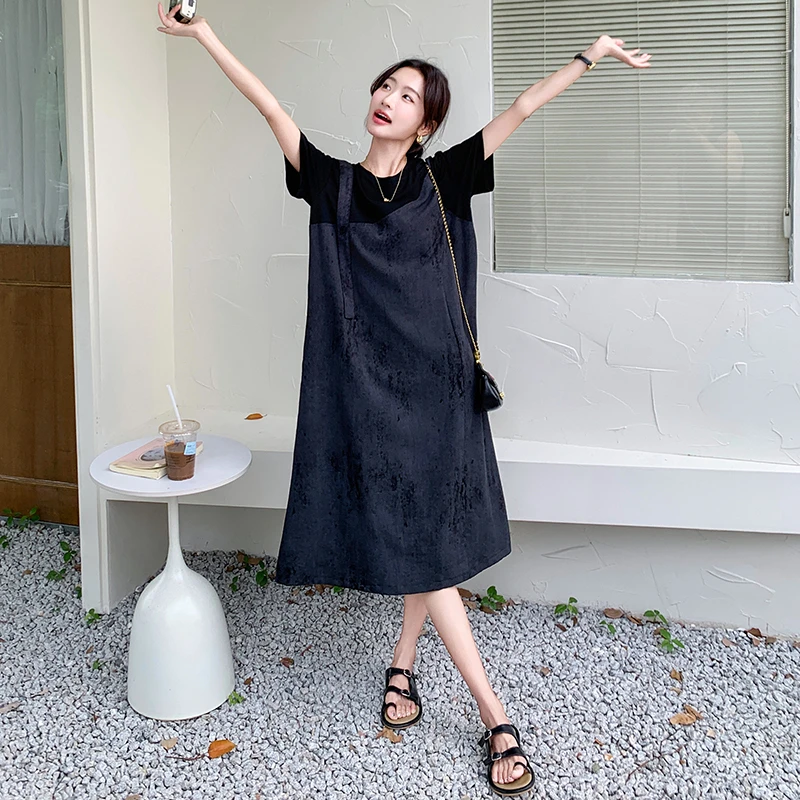 黑灰色韩系宽松慵懒风连衣裙女2025夏季新款假两件拼接休闲T恤裙