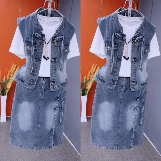 2025新款套装时尚三件套女宽松显瘦遮肚气质洋气百搭牛仔三件套女