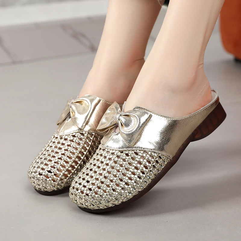 夏季真皮凉拖鞋蝴蝶结镂空编织平底包头拖鞋时尚软底休闲百搭女鞋