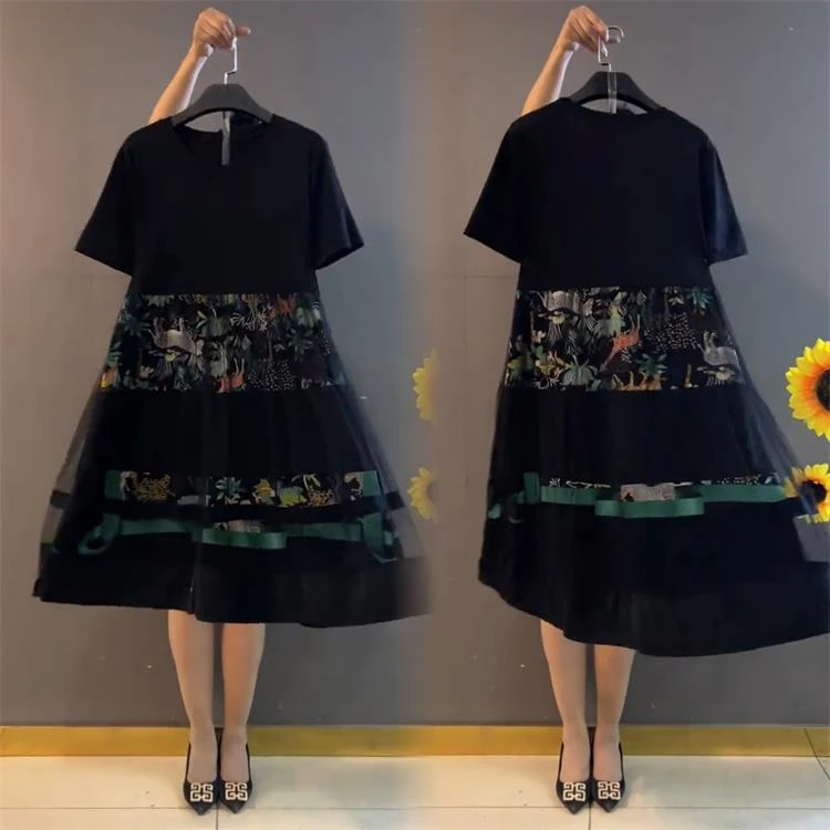 大码连衣裙2025夏季新款200斤胖妹妹洋气遮肚短袖碎花拼接网纱裙