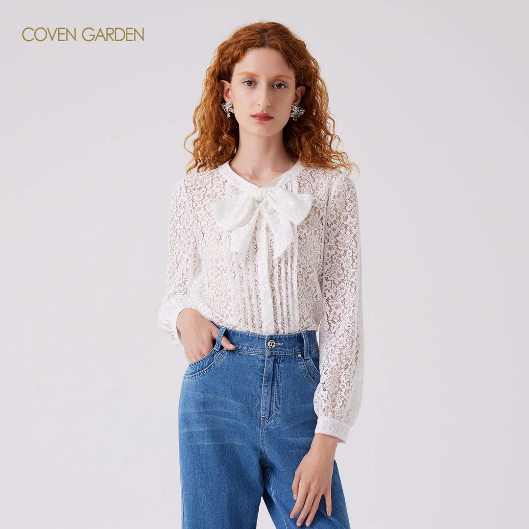 【媛媛女王专享】哥文花园蕾丝珠片时尚刺绣白衬衫CLA3012060