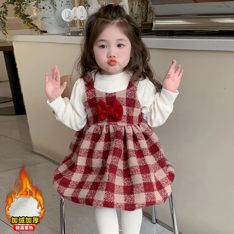 女童格子背带裙套装冬季宝宝拜年儿童连衣裙红色加绒加厚公主裙子
