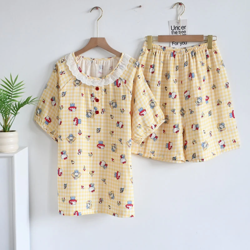 B 门店56&9！KT猫睡衣」巨柔软全棉双纱蕾丝印花家居套装女C23023