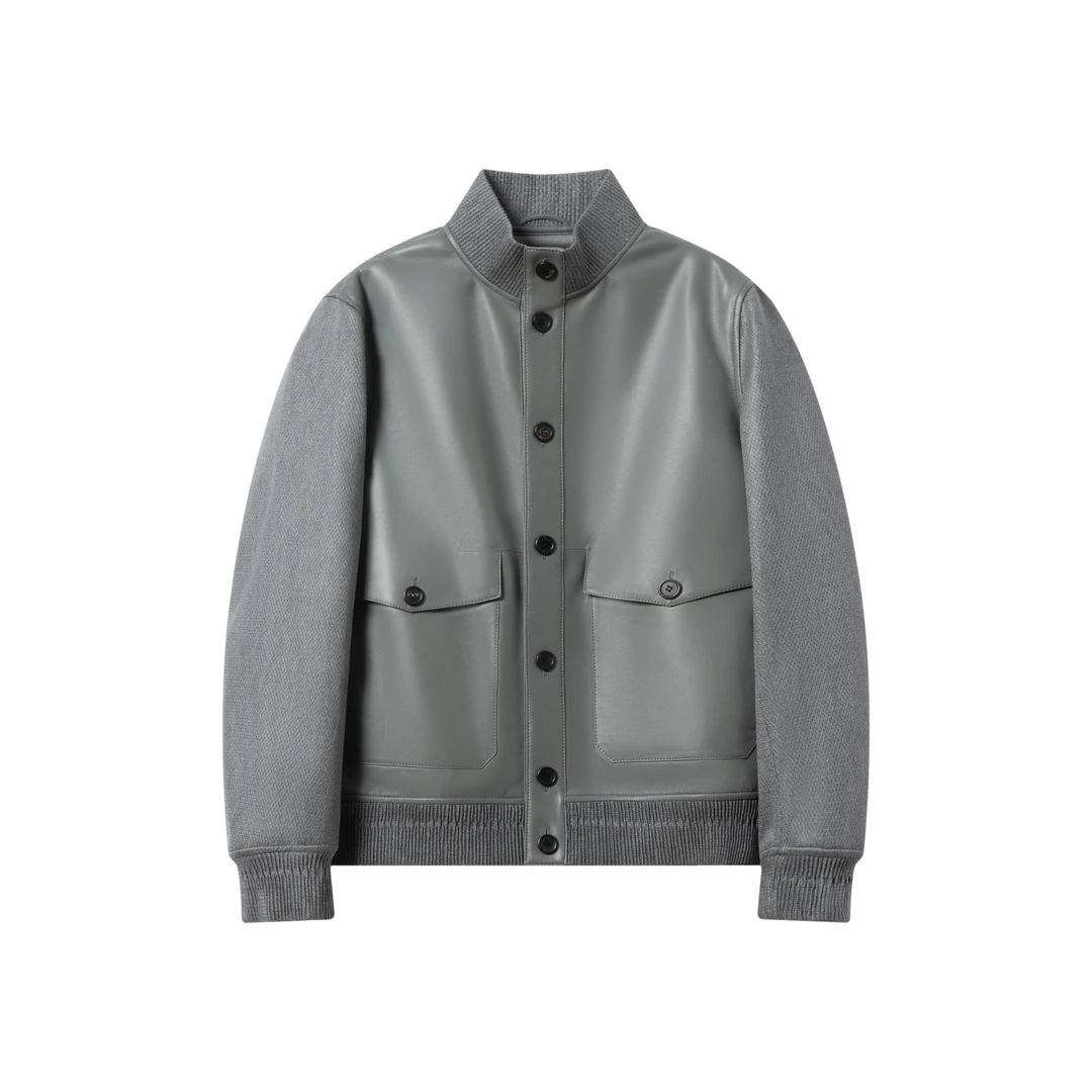 【深秋季新品立领夹克外套】长袖真丝+真皮深秋保暖男士立领夹克