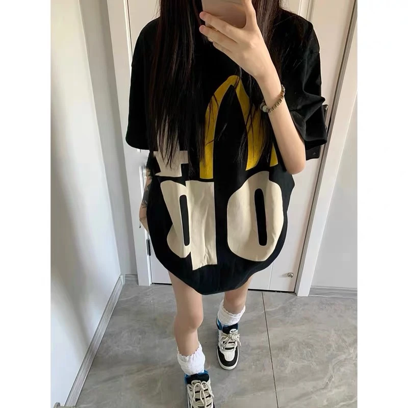 美式复古圆领黑色t恤女2024夏款oversize设计感小众纯棉