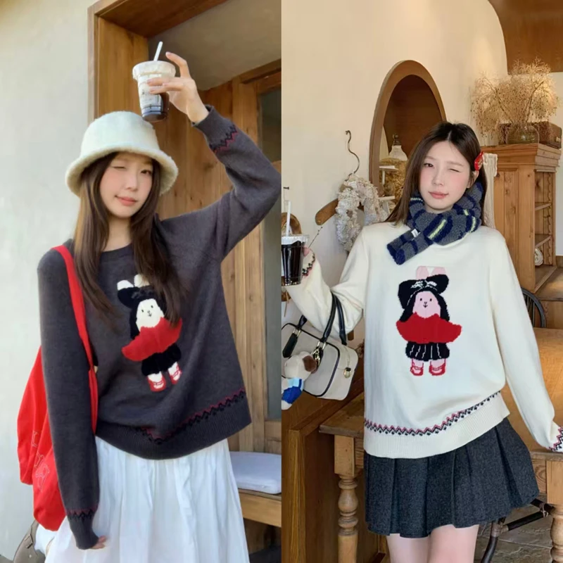 JJ174专享大码2025冬季甜美宽松显瘦上衣减龄提花圆领针织毛衣