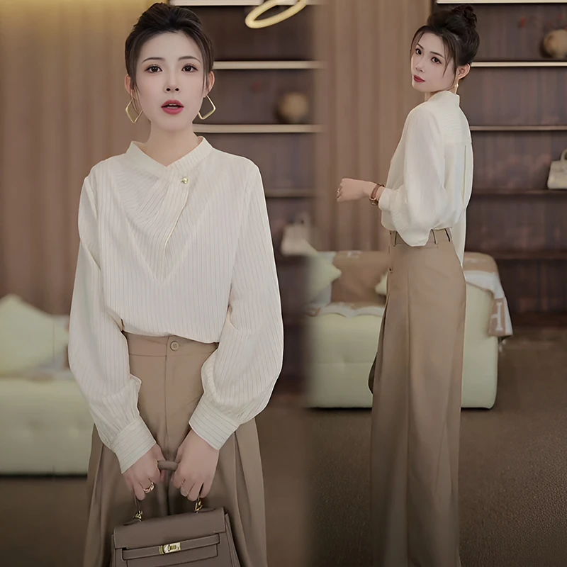 高级感条纹女士衬衫通勤女装春秋季2026年新款长袖上衣衬衣设计感