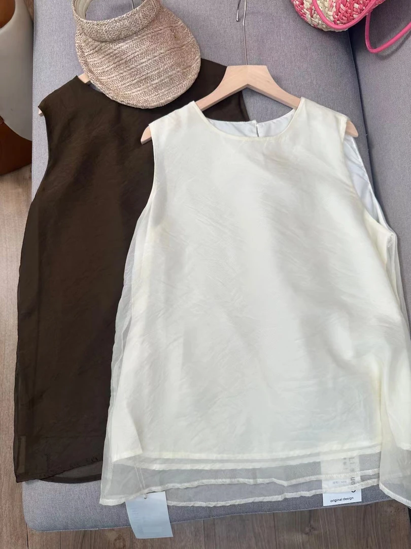 无袖休闲宽松型衬衫#5008简约纯色拼接宽松