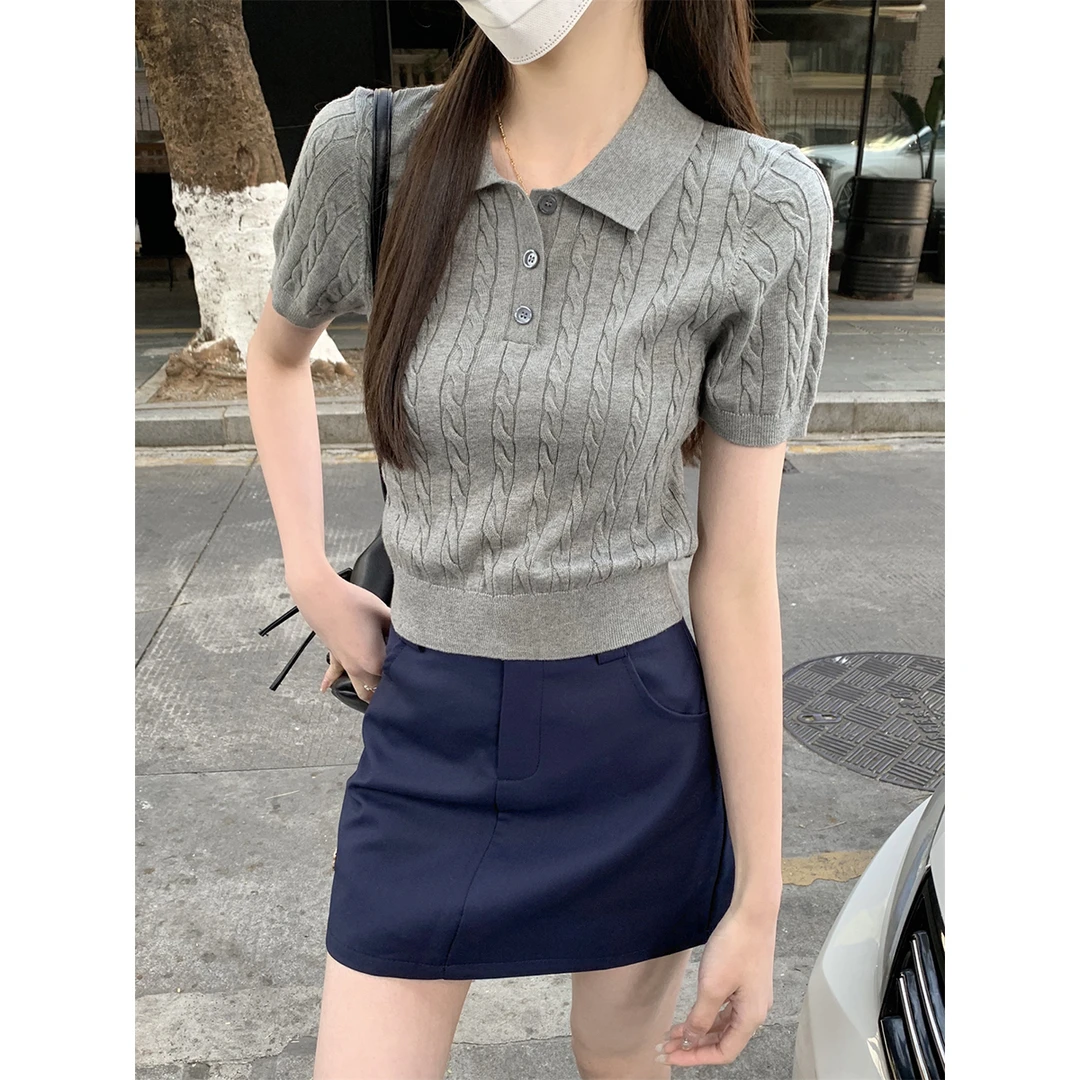 春夏季2025韩版麻花纹短款针织衫学院风polo领短袖上衣高级感T恤