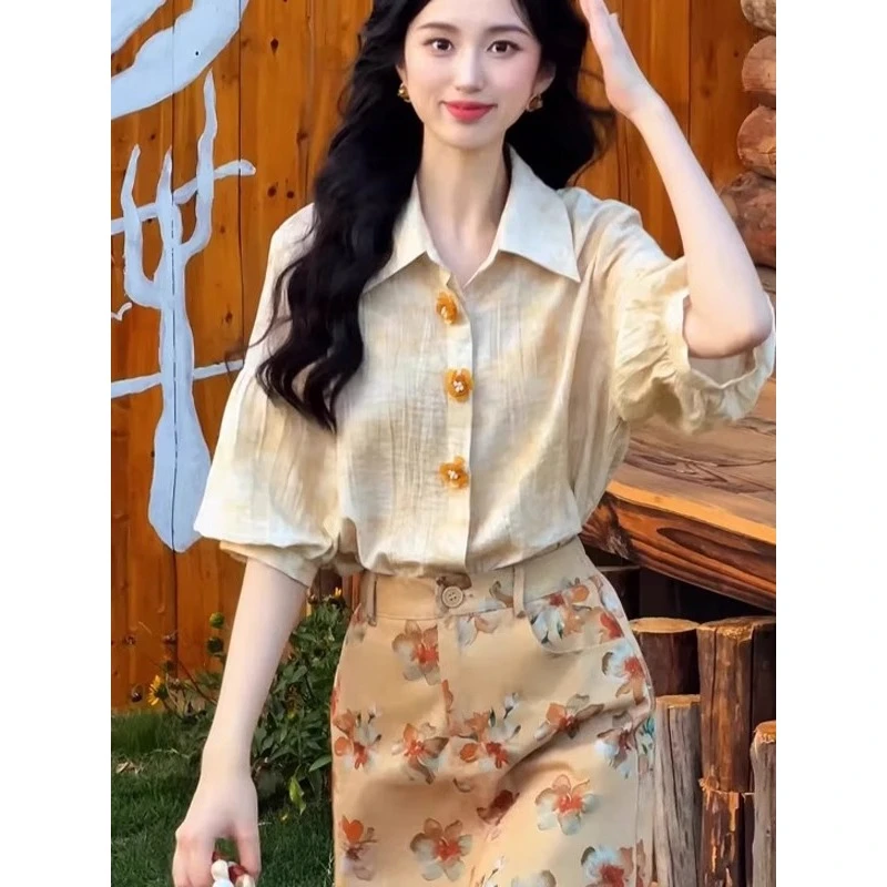 2025夏季新款设计感宽松减龄上衣法式温柔风高级感扎染短袖衬衫女