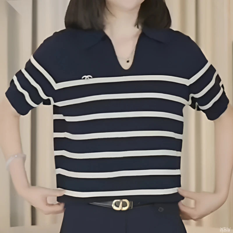 【100%莱赛尔天丝】短袖夏季条纹女水洗V领毛针织衫宽松气质