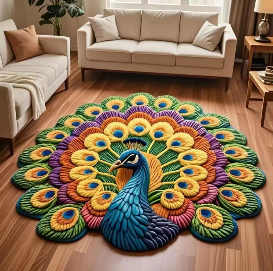 5D立体孔雀开屏防滑橡胶底地垫客厅摇椅卧室垫 硅藻泥