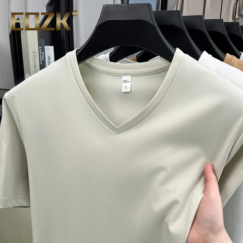 Eozk男士V领短袖T恤简约浅色系鸡心领净版夏季半截袖尖领薄款体恤