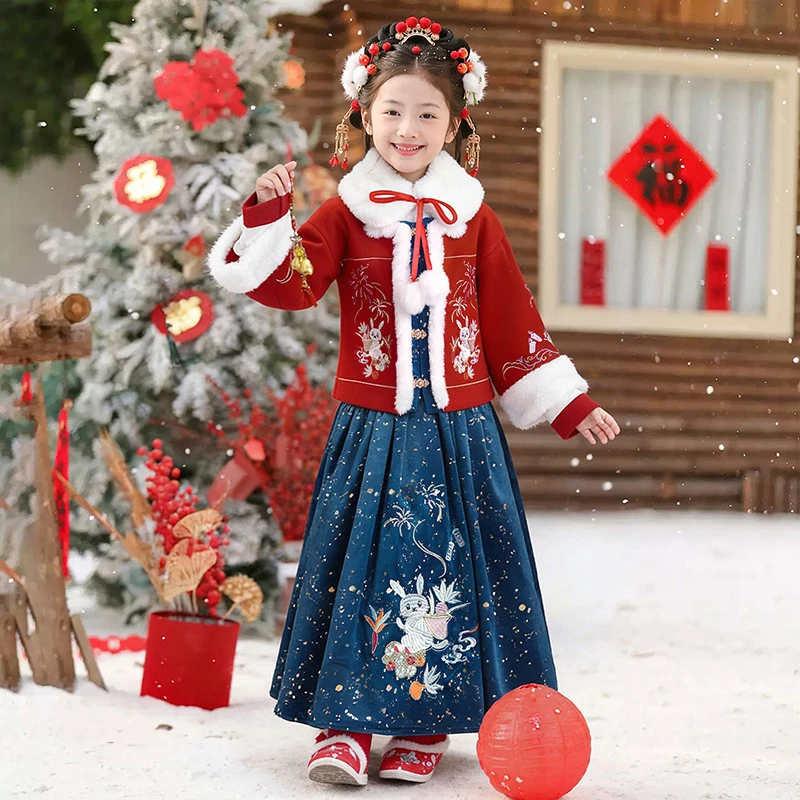 汉服女童冬装2025新款拜年服儿童国风加绒新年过年衣服古装裙子冬