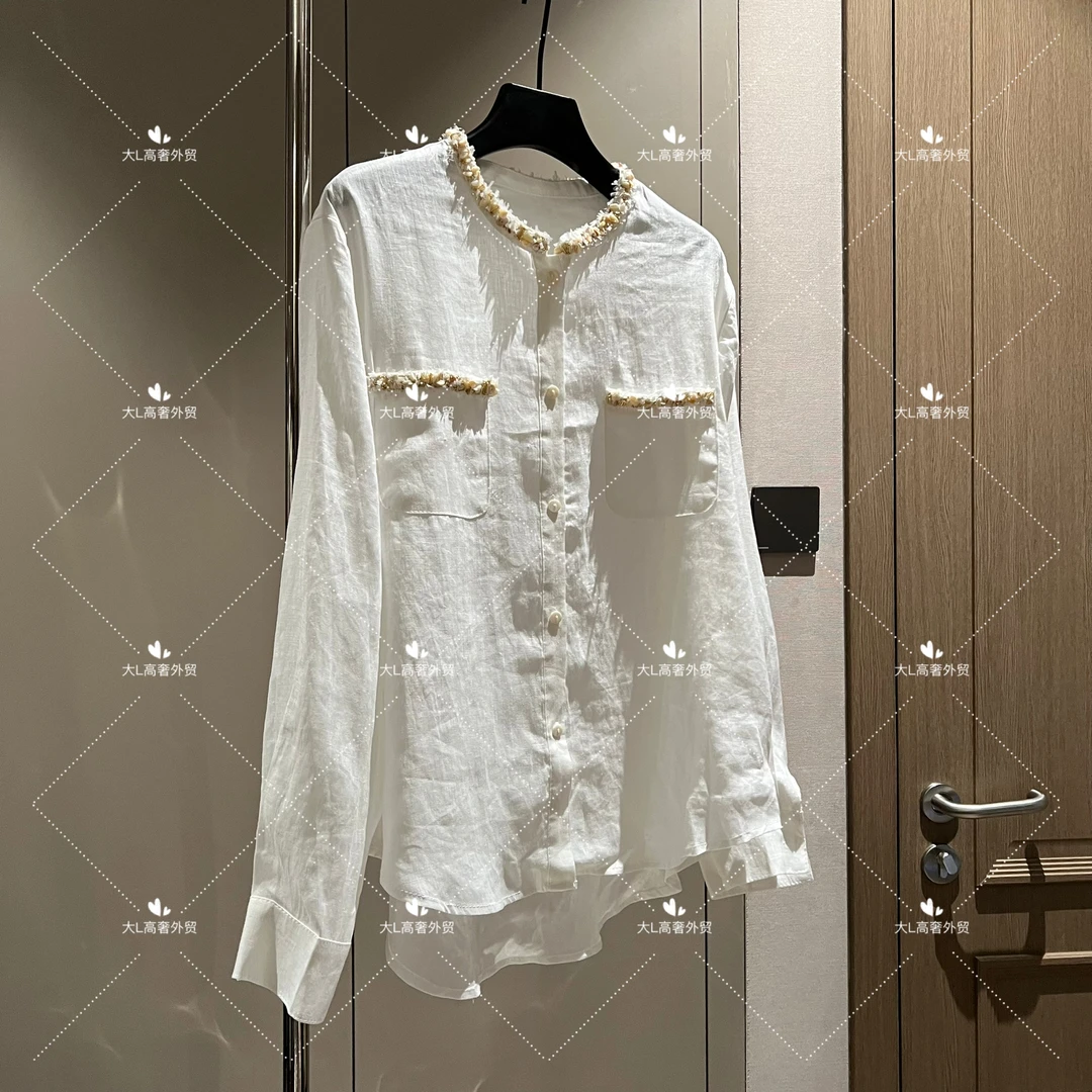 【大L】重磅外贸进口高奢重工设计师风百搭钉珠拼接亚麻衬衫CS25113