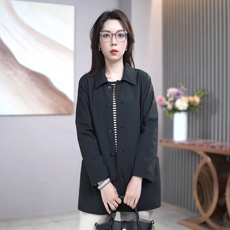 A31625阿吉多韩系风衣外套女中长款2025春秋气质长袖大码翻领外搭