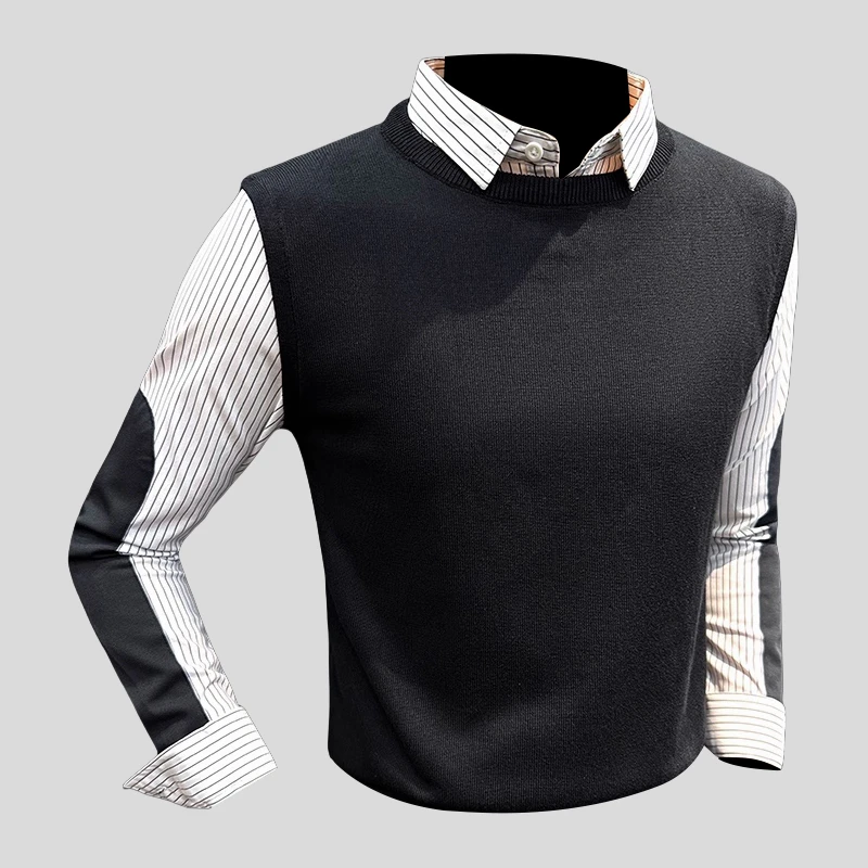 ohmmayby拼接假两件衬衫男款新款西装内搭针织衫高级条纹商务衬衣