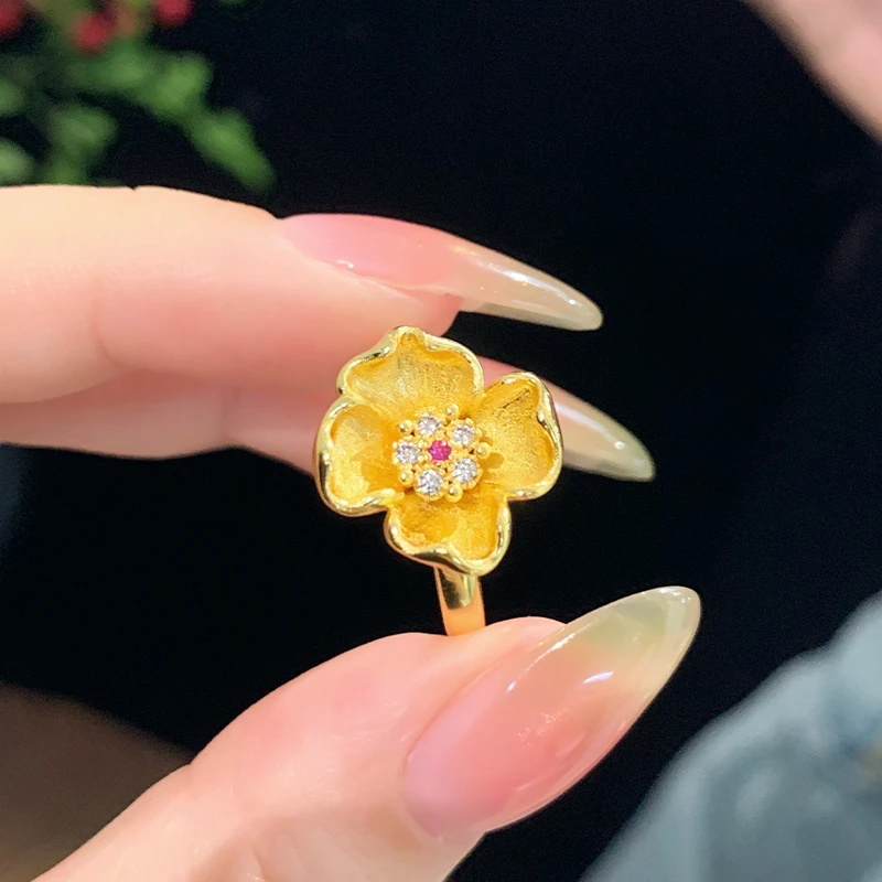 铜合金锆石戒指 拉丝小金花戒指女时尚有钱花开口食指戒精致饰品