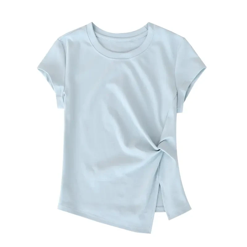 【法式不规则抽褶】不规则抽绳T恤抽褶下摆开叉显瘦遮肉洋气短袖