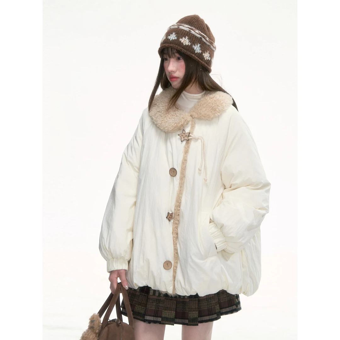 绒间星轨 米白色单排扣毛领花苞棉服外套女冬季甜美加厚保暖棉衣
