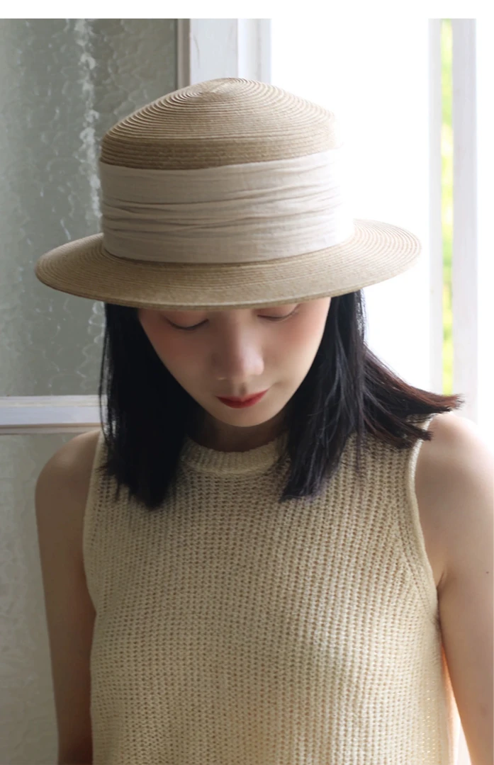 原生纸草编防晒帽草帽夏季轻法式平顶平檐户外出游遮阳礼帽女日韩