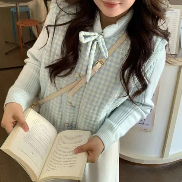 微胖大码女装格纹双面穿绑带棉服马甲女冬季新款保暖百搭棉背心