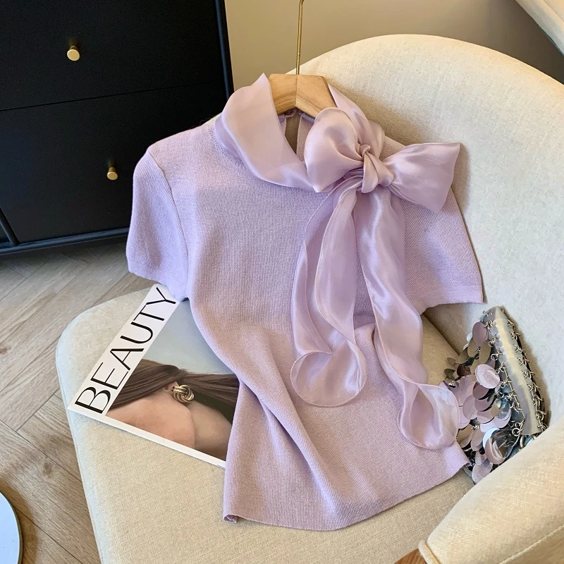 【现货】专柜撤回剪标蝴蝶结正肩短袖女夏季新款甜美减龄百搭上衣