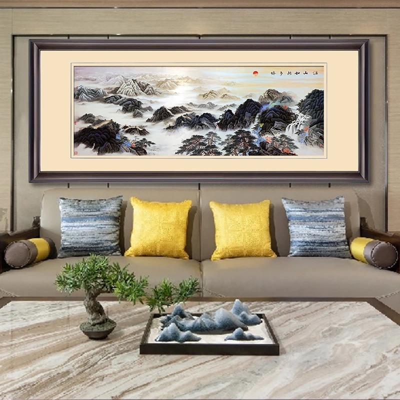 1-4丝纯手工苏州刺绣画苏绣成品挂画客厅中式山水装饰画江山多娇