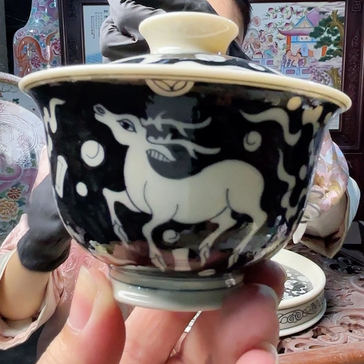 摆件景德镇高温陶瓷两才盖碗鹿画片