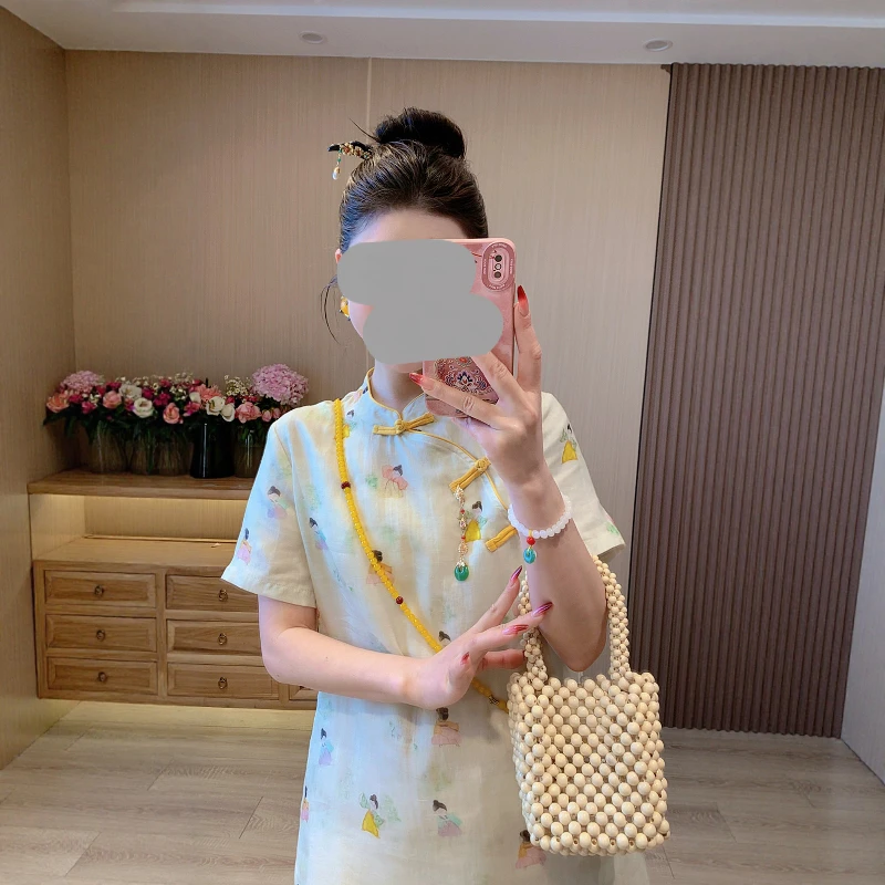 新中式国风日常百搭修身斜襟改良旗袍连衣裙女设计感裙子夏季印花