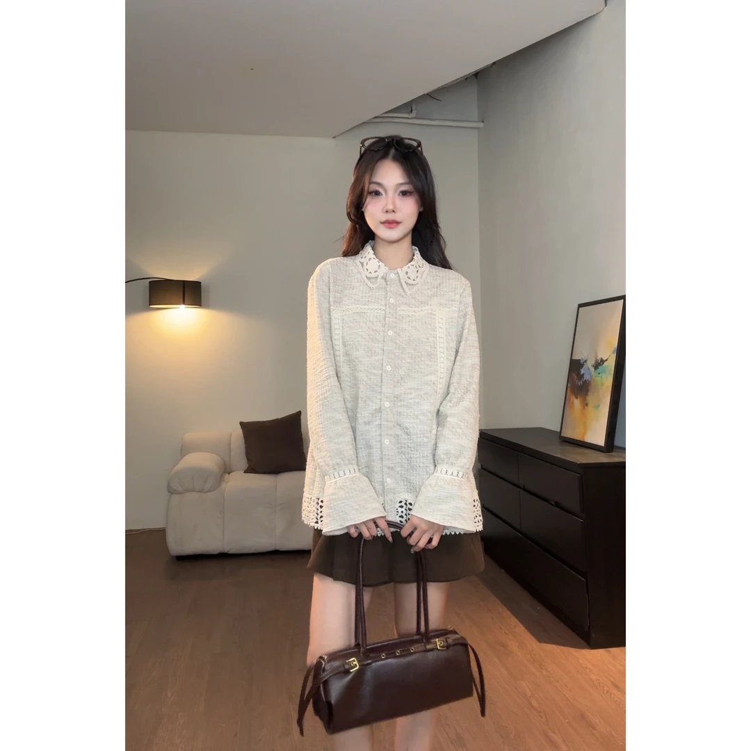 VGVL【镂空蕾丝】衬衫纹理感百搭小众设计感精致气质拼接蕾丝衬衫女