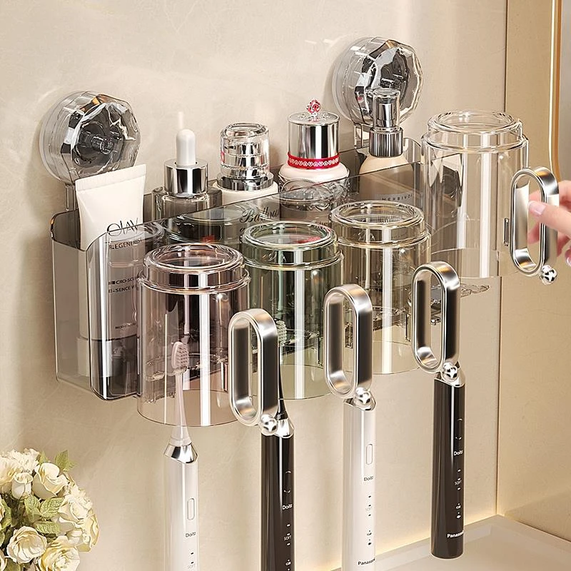 吸盘牙刷置物架免打孔倒挂带把手漱口杯卫生间牙杯牙具一体收纳架