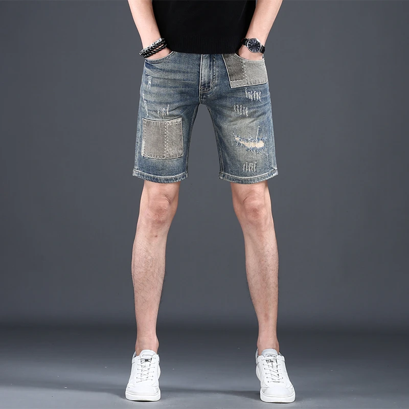 2025夏季新款破洞补丁牛仔短裤男潮牌中裤5分裤男士修身五分裤潮