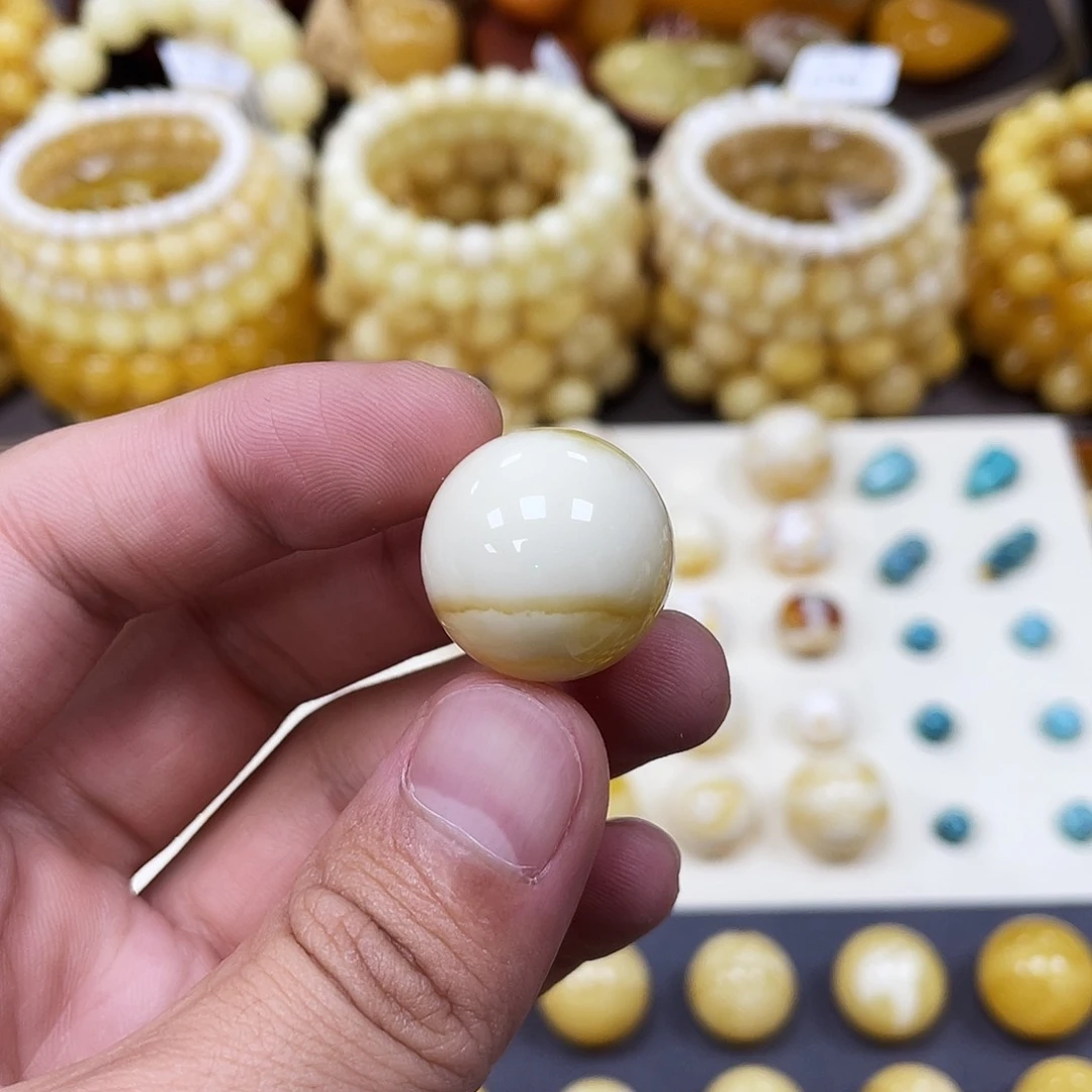 未镶嵌蜜蜡珠宝奇石20.6mm奶瓷白金丝花蜡｜圆珠·段掌柜