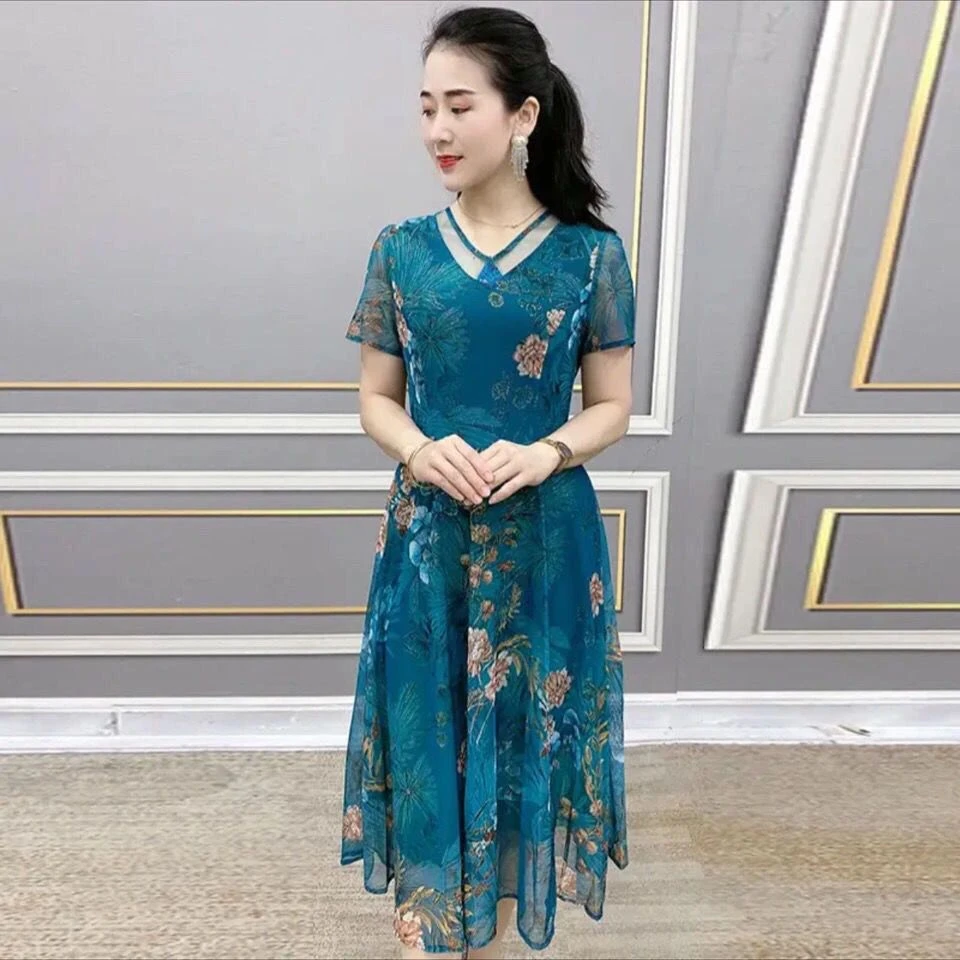 2025夏装女装水晶纱时尚修身金丝牡丹印花显瘦遮肚气质短袖连衣裙