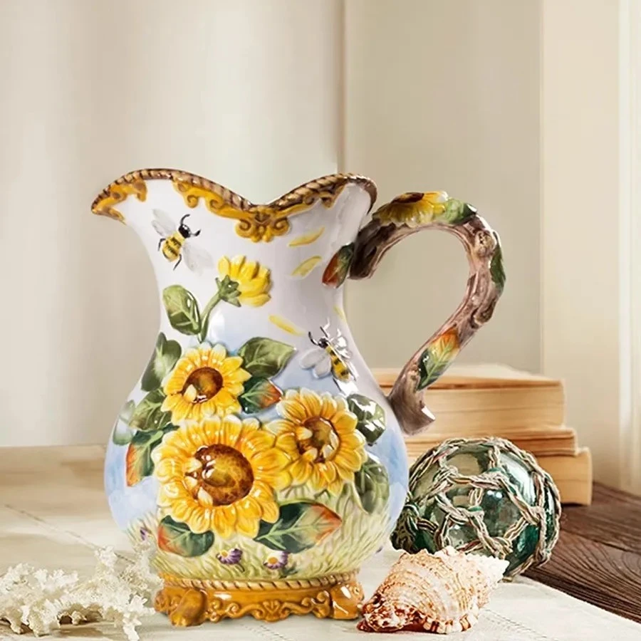 美式太阳花陶瓷水罐装饰花瓶高档向日葵家居特色水培花瓶新居装饰