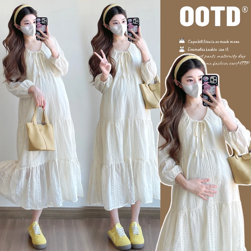 2026春季新款青春法式蕾丝提花刺绣中长款气质仙女甜美孕妇连衣裙