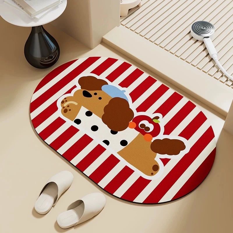 椭圆形硅藻泥卡通小狗浴室地垫卫生间门口防滑吸水耐用易打理地垫