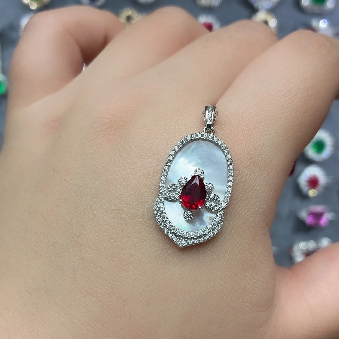吊坠925银培育鸽血红色宝石