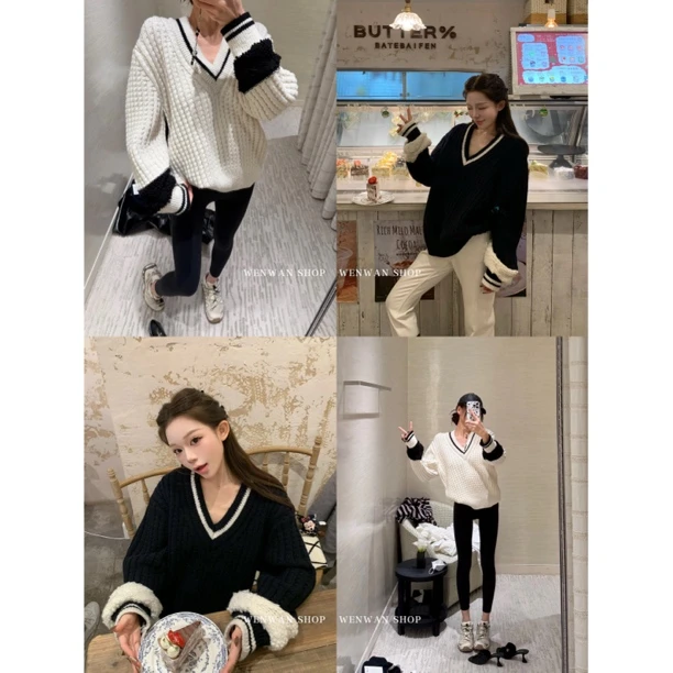 【25N滑雪季】2色！V领针织衫女25新款宽松显瘦百搭毛衣