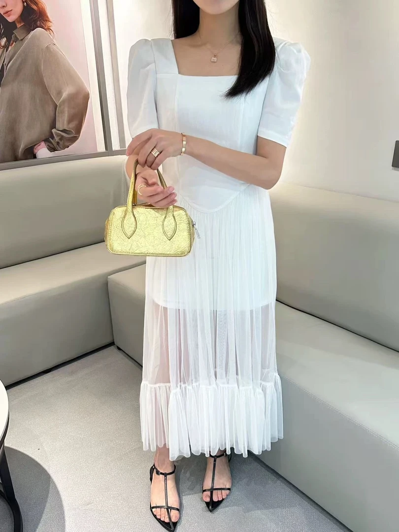 【5563】M#时尚百搭网纱拼接方领连衣裙