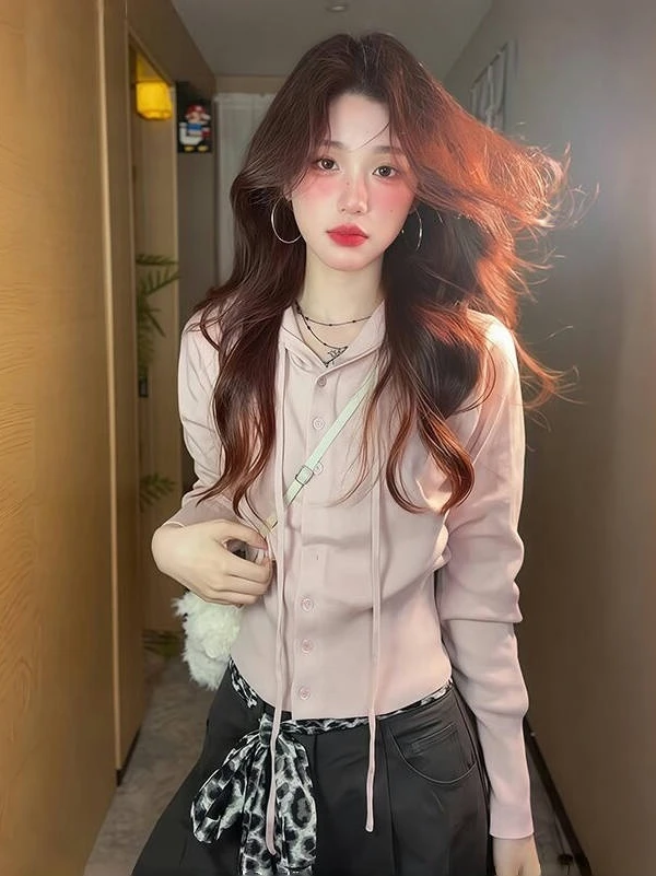 韩系收腰显瘦连帽毛衣开衫女长袖新款修身显瘦洋气百搭气质感上衣