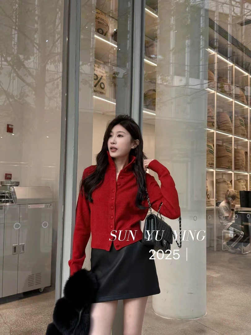 【孙钰颍】针织御姐风红色长袖气质毛针织衫常规毛衫ins冬季网红