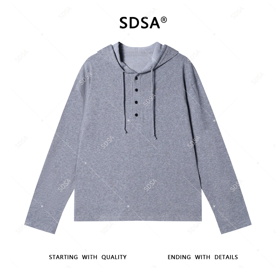 SDSA秋季高级感新款男士纯色半纽扣连帽抽绳长袖T恤宽松百搭上衣