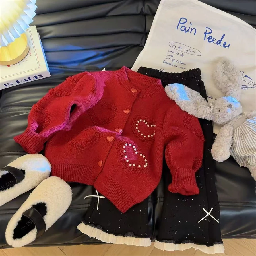 HHkids韩版女童年款爱心钉珠甜美百搭儿童冬季毛衣针织衫DMM018