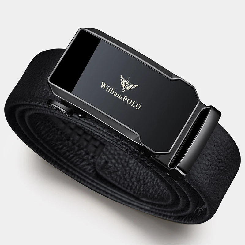 英皇保罗百搭腰带男士时尚简约高档男皮带镜面黑牛皮腰带休闲